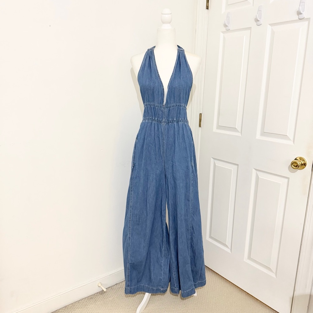 we the free denim halter backless wide leg jumpsuit